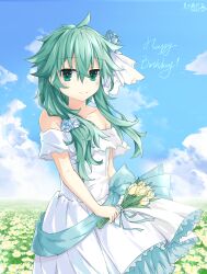 Rule 34 | 1girl, absurdres, blue sky, cloud, date a live, dress, field, flower, flower field, green eyes, green hair, hair flower, hair ornament, happy birthday, highres, holding, looking at viewer, natsumi (date a live), off-shoulder dress, off shoulder, seventh-natsu, sky, smile, solo, tulip, white dress, yellow flower, yellow tulip
