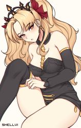Rule 34 | 1girl, absurdres, adjusting clothes, adjusting legwear, artist name, bare shoulders, black sleeves, black thighhighs, blonde hair, blush, breasts, cleavage, detached collar, detached sleeves, earrings, ereshkigal (fate), fate/grand order, fate (series), hair ribbon, head tilt, highres, jewelry, leg up, long hair, long sleeves, looking at viewer, medium breasts, orange eyes, parted bangs, parted lips, ribbon, shellvi, single thighhigh, solo, spine, strapless, thighhighs, thighs, tiara, two side up