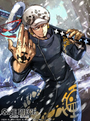 Rule 34 | 1boy, black hair, closed mouth, commentary request, earrings, english text, facial hair, finger tattoo, fur hat, goatee, hand tattoo, hat, holding, holding sword, holding weapon, jewelry, male focus, nijihayashi, official art, one piece, short hair, sideburns, smile, solo, sword, tattoo, trafalgar law, translation request, weapon