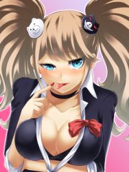 Rule 34 | 10s, 1girl, artist request, blonde hair, blue eyes, breasts, brown hair, cleavage, collar, danganronpa (series), enoshima junko, large breasts, long hair, looking at viewer, monokuma, simple background, smile, solo, tongue, tongue out, twintails, upper body