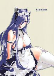 Rule 34 | 1girl, absurdres, apron, august von parseval (azur lane), august von parseval (the conquered unhulde) (azur lane), azur lane, bad id, bad pixiv id, bare shoulders, black dress, breasts, center opening, curled horns, dress, garter straps, grey background, hachi5art, hair over one eye, highres, horns, large breasts, long hair, mechanical horns, official alternate costume, purple eyes, purple hair, simple background, sitting, sleeveless, sleeveless dress, solo, thighhighs, two-tone dress, very long hair, white apron, white dress, white garter straps, white thighhighs