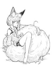 Rule 34 | 1girl, ahoge, animal ear fluff, animal ears, arm support, bare legs, bare shoulders, barefoot, between legs, bike shorts, blunt bangs, closed mouth, fluffy, fox ears, fox tail, greyscale, jaco, large tail, long sleeves, looking at viewer, monochrome, off-shoulder, off-shoulder sweater, off shoulder, original, shirt, short hair, short hair with long locks, simple background, sitting, sketch, solo, sweater, tail, tail between legs, white background
