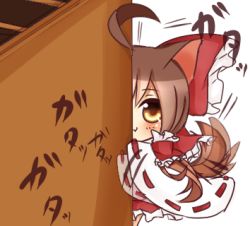 Rule 34 | 1girl, afterimage, ahoge, animal ears, blush, bow, box, brown hair, cat ears, cat girl, cat tail, chibi, donation box, female focus, hair bow, hair tubes, hakurei reimu, lowres, mini person, minigirl, motion lines, sleeves past wrists, solo, tail, tail wagging, tosura-ayato, touhou