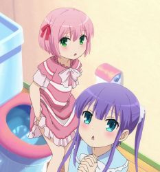 Rule 34 | 10s, 2girls, :o, blue eyes, chestnut mouth, danchigai, green eyes, own hands clasped, highres, long hair, multiple girls, nakano satsuki, nakano uzuki, own hands together, pink hair, purple hair, screencap, siblings, sisters, toilet, twins, twintails