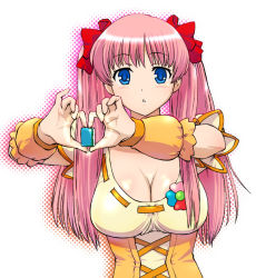 Rule 34 | 1girl, :o, blue eyes, board game, bow, breasts, cleavage, cosplay, cure pine, cure pine (cosplay), fresh precure!, hair bow, halftone, halftone background, haramura nodoka, heart, heart hands, holding, holding mahjong tile, large breasts, long hair, looking at viewer, magical girl, mahjong, mahjong tile, pink hair, precure, pun, saki (manga), solo, twintails, ueyama michirou