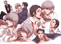Rule 34 | 3boys, adachi tooru, age difference, censored, cum, doujima ryoutarou, erection, facial, family, father and son, fellatio, incest, licking, male focus, multiple blowjob, multiple boys, narukami yuu, oral, orgasm, penis, persona, persona 4, undressing, walk-in, yaoi