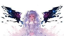 Rule 34 | 1girl, absurdres, closed mouth, dress, drill hair, highres, juliet sleeves, long hair, long sleeves, looking at viewer, original, own hands together, puffy sleeves, red eyes, silver hair, simple background, sketch, smile, solo, twin drills, very long hair, white background, white dress, wings, yuuji (yukimimi)