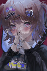 Rule 34 | 1girl, belt, black belt, black hoodie, black nails, blush, bow, brown hair, covering own mouth, frown, fur-trimmed hood, fur trim, glasses, hair between eyes, hair bow, hair ornament, hairclip, harui (hr x9 ), heart, heart hair ornament, highres, hood, hoodie, jewelry, long sleeves, looking at viewer, medium hair, multiple rings, nail polish, original, own hands together, purple eyes, red bow, ribbed sweater, ring, sleeves past wrists, solo, sticker, sweater, tears, two side up, upper body, white sweater, x hair ornament