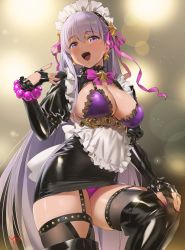 Rule 34 | 10s, 1girl, alternate costume, apron, bb (fate), bb (fate) (all), bb (swimsuit mooncancer) (fate), bb (swimsuit mooncancer) (second ascension) (fate), bead bracelet, beads, bikini, black dress, black gloves, black thighhighs, blush, bracelet, breasts, cleavage, dress, enmaided, fate/extra, fate/extra ccc, fate/grand order, fate (series), fingerless gloves, garter straps, gloves, gyaru, hair between eyes, hair ornament, hair ribbon, highres, jewelry, juliet sleeves, large breasts, long hair, long sleeves, looking at viewer, maid, maid apron, maid headdress, miniskirt, puffy sleeves, purple bikini, purple eyes, purple hair, purple ribbon, ribbon, skirt, smile, solo, star (symbol), star hair ornament, swimsuit, tan, thighhighs, thighs, waist apron, yd (orange maru)