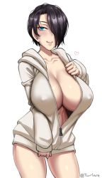 Rule 34 | 1girl, blue eyes, breasts, cleavage, collarbone, commentary, cowboy shot, english commentary, covered erect nipples, hair over one eye, heart, hood, hood down, hoodie, huge breasts, long sleeves, no bra, open clothes, open hoodie, original, partially unzipped, saya (twrlare), short hair, simple background, sleeves past wrists, smile, solo, twitter username, twrlare, white background, white hoodie, zipper pull tab
