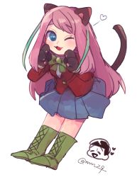 Rule 34 | 10s, 1boy, 1girl, animal ears, animal hands, blue eyes, boots, bow, cat ears, cat paws, cat tail, cross-laced footwear, fang, full body, gloves, hashimoto nyaa, heart, highres, lace-up boots, long hair, matsuno choromatsu, momoyo (mm29), multicolored hair, osomatsu-kun, osomatsu-san, paw gloves, school uniform, simple background, skirt, smile, streaked hair, tail, twitter username, white background