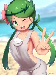 Rule 34 | 1girl, ;d, arisu kazumi, armpits, bare shoulders, blush, breasts, creatures (company), dark-skinned female, dark skin, flower, game freak, green eyes, green hair, hair flower, hair ornament, long hair, looking at viewer, mallow (pokemon), medium breasts, naked overalls, nintendo, one eye closed, open mouth, overalls, pokemon, pokemon sm, sideboob, smile, solo, sweat, swept bangs, trial captain, twintails, twitter username, v