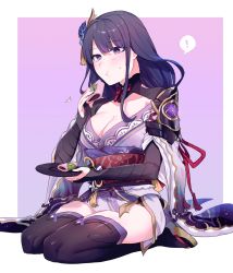 Rule 34 | !, 1girl, armor, blush, breasts, cleavage, closed mouth, commentary request, eating, floral print, flower, food, genshin impact, geta, hair ornament, highres, holding, holding food, holding plate, japanese clothes, kimono, large breasts, long hair, long sleeves, looking at viewer, moegi0926, mole, mole under eye, obi, obiage, plate, purple background, purple eyes, purple flower, purple hair, raiden shogun, ribbon, sash, seiza, shoulder armor, simple background, sitting, solo, spoken exclamation mark, sweat, tassel, thighhighs, white background, wide sleeves