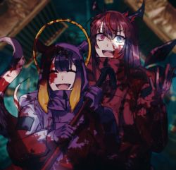 Rule 34 | among us, blood, blood splatter, blue eyes, blunt bangs, crowbar, e2 ch a, gradient hair, heterochromia, highres, holding, holding crowbar, hololive, hololive english, horns, irys (hololive), long hair, multicolored hair, multiple girls, ninomae ina&#039;nis, open mouth, pointy ears, purple eyes, purple hair, spacesuit, tentacle hair, tentacles, virtual youtuber