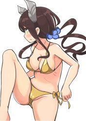 Rule 34 | 1girl, bad id, bad pixiv id, bare arms, bare legs, bare shoulders, bikini, blush, bow, bow bikini, breasts, brown hair, cameltoe, cleavage, closed mouth, collarbone, groin, hair ornament, halterneck, highres, long hair, looking away, looking to the side, low twintails, medium breasts, original, profile, sidelocks, simple background, sitting, solo, surio, swimsuit, twintails, very long hair, white background, yellow bikini, yellow eyes