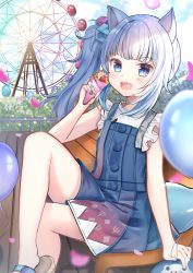 Rule 34 | 1girl, :d, amusement park, animal ears, balloon, bench, blue eyes, blue hair, blue nails, blunt bangs, blush, cat ears, crepe, day, ferris wheel, fins, fish tail, food, gawr gura, gawr gura (casual), hair ornament, highres, hololive, hololive english, looking at viewer, multicolored hair, nail polish, official alternate costume, open mouth, outdoors, rinringyo, sandals, shark girl, shark tail, sharp teeth, side ponytail, sitting, smile, solo, streaked hair, tail, teeth, virtual youtuber, white hair