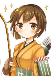Rule 34 | 10s, 1girl, arrow (projectile), bad id, bad pixiv id, bow (weapon), brown eyes, brown gloves, brown hair, flight deck, gloves, hiryuu (kancolle), japanese clothes, kantai collection, kohaku (csacu), looking at viewer, partially fingerless gloves, partly fingerless gloves, short hair, single glove, smile, solo, sparkle, upper body, weapon, white background, yugake