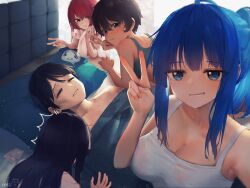 Rule 34 | 1boy, 4girls, ^^^, absurdres, bed, black hair, blue eyes, blue hair, breasts, cleavage, closed eyes, collarbone, elbow rest, exhausted, giving up the ghost, grey sports bra, grin, guy tired after sex (meme), harem, highres, komari chika, large breasts, long hair, lying, make heroine ga oo sugiru!, matching hair/eyes, medium hair, meme, multiple girls, nukumizu kaju, nukumizu kazuhiko, on back, on bed, pillow, purple eyes, red hair, shirt, short hair, signature, sklt (swyt8223), smile, sports bra, sweat, t-shirt, towel, towel around neck, unconscious, upper body, v, wet, wet clothes, wet shirt, white shirt, yakishio lemon, yanami anna, yellow eyes