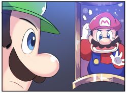 Rule 34 | 2boys, blue eyes, blue overalls, brothers, comic, facial hair, flying sweatdrops, gloves, green hat, hat, highres, hinghoi, luigi, luigi&#039;s mansion, mario, mario (series), multiple boys, mustache, nintendo, open mouth, overalls, painting (object), picture frame, red hat, red shirt, shirt, siblings, white gloves