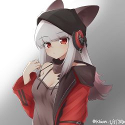 Rule 34 | 1girl, absurdres, arknights, breasts, camisole, cleavage, closed mouth, dated, ears through headwear, frostleaf (arknights), gradient hair, grey background, grey hair, head scarf, headphones, highres, implied extra ears, jacket, klaius, long hair, looking at viewer, material growth, medium breasts, multicolored hair, off shoulder, open clothes, open jacket, oripathy lesion (arknights), pink hair, red eyes, red jacket, solo, twitter username, upper body