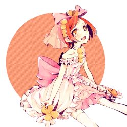 Rule 34 | 10s, 1girl, :d, bare shoulders, blush, bow, choker, dress, hair bow, hair ornament, hair ribbon, happy, hoshizora rin, looking at viewer, love live!, love live! school idol festival, love live! school idol project, love wing bell, matching hair/eyes, open mouth, orange eyes, orange hair, original, pink bow, pom pom (clothes), ribbon, short hair, simple background, sitting, smile, solo, thighhighs, w00p, white background