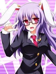 Rule 34 | 1girl, animal ears, bespectacled, breasts, crescent, creta (taku10), female focus, glasses, jacket, large breasts, long hair, necktie, open mouth, pink eyes, purple hair, rabbit ears, red necktie, reisen udongein inaba, shirt, smile, solo, touhou
