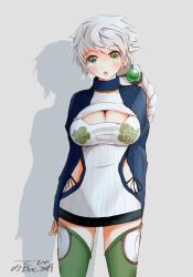 Rule 34 | 10s, 1girl, adapted costume, braid, breasts, cleavage, cleavage cutout, clothing cutout, green eyes, green thighhighs, hair ornament, highleg, highleg panties, kantai collection, large breasts, long hair, meme attire, open-chest sweater, panties, revealing clothes, ribbed sweater, silver hair, single braid, solo, standing, sweater, tebi (tbd11), thighhighs, turtleneck, underwear, unryuu (kancolle), zettai ryouiki