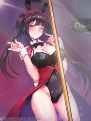 Rule 34 | 1girl, animal ears, black bow, black hair, blush, bow, breasts, cleavage, commentary, cowboy shot, date a live, fake animal ears, hair ornament, heterochromia, large breasts, leotard, long hair, looking at viewer, playboy bunny, rabbit ears, rebe11, red eyes, sign, smile, solo, standing, tokisaki kurumi, twintails, uneven twintails, wrist cuffs, yellow eyes