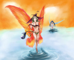 Rule 34 | 2girls, barefoot, bikini tan, blue hair, butterfly wings, dohreiko, green hair, hat, highres, insect wings, legs, long hair, multiple girls, one-piece swimsuit, original, ripples, swimsuit, tan, tanline, twintails, water, wings, witch hat
