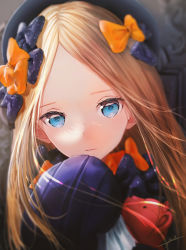 Rule 34 | 1girl, abigail williams (fate), black bow, black dress, black hat, blonde hair, blue eyes, bow, breasts, dress, fate/grand order, fate (series), forehead, hair bow, hat, highres, long hair, md5 mismatch, multiple hair bows, ojay tkym, orange bow, parted bangs, polka dot, polka dot bow, resolution mismatch, ribbed dress, sleeves past fingers, sleeves past wrists, small breasts, solo, source larger, stuffed animal, stuffed toy, teddy bear