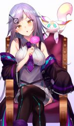 Rule 34 | 1girl, absurdres, bare shoulders, black jacket, black thighhighs, blush, breasts, candy, chair, commentary request, food, highres, holding, jacket, jun (aousa0328), large breasts, lollipop, long hair, monster strike, off-shoulder jacket, off shoulder, purple hair, simple background, sitting, solo, thighhighs, white background, yellow eyes