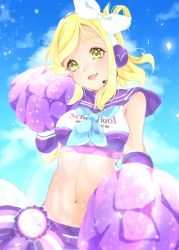 Rule 34 | 1girl, absurdres, aqua neckerchief, artist name, artist request, blonde hair, blue sky, blush, bow, braid, breasts, brown eyes, cheerleader, cleavage, clothes writing, cloud, collarbone, crown braid, day, elbow gloves, female focus, fingerless gloves, gloves, green eyes, hair rings, headphones, headset, highres, looking at viewer, love live!, love live! school idol festival, love live! sunshine!!, madoka25, medium breasts, microphone, neckerchief, ohara mari, outdoors, parted lips, pink pom poms, polka dot, pom pom (cheerleading), purple bow, purple pom poms, purple sailor collar, purple shirt, purple skirt, sailor collar, shirt, short hair, skirt, sky, sleeveless, sleeveless shirt, smile, solo, sparkle, star (symbol), star print, text focus, white bow, white gloves, white shirt, yellow eyes