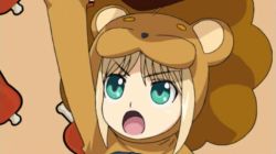 Rule 34 | 1girl, artoria pendragon (fate), blonde hair, cosplay, fate/stay night, fate/tiger colosseum, fate (series), green eyes, lion, lowres, mister donut, open mouth, pon de lion, pon de lion (cosplay), saber (fate), saber lion, solo