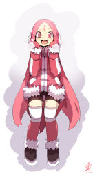 Rule 34 | 1girl, absurdres, bike shorts, blush, coat, dated, facial mark, fang, forehead mark, full body, galaxy!, highres, long hair, looking at viewer, mittens, open mouth, pink eyes, pink hair, red thighhighs, rera-terra, rtari, signature, smile, solo, thighhighs, very long hair