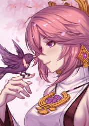 Rule 34 | 1girl, animal, bare shoulders, bird, bird on hand, blush, breasts, cherry blossoms, closed mouth, commentary request, genshin impact, hand up, highres, jewelry, large breasts, long hair, nail polish, nairobi song, necklace, pink hair, pink nails, purple eyes, sideboob, sleeveless, smile, solo, upper body, yae miko