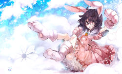 Rule 34 | 1girl, ;d, animal ears, animal hands, bad id, bad pixiv id, black hair, carrot, cis (carcharias), frilled skirt, frills, gloves, highres, inaba tewi, looking at viewer, one eye closed, open mouth, paw gloves, paw shoes, puffy sleeves, rabbit ears, revision, ribbon, shoes, short hair, short sleeves, skirt, smile, solo, touhou, wink