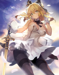 Rule 34 | 1girl, ahoge, alternate breast size, artoria pendragon (all), artoria pendragon (fate), bare shoulders, black pantyhose, blonde hair, blush, bow, breasts, caliburn (fate), cleavage, dress, fate/grand order, fate/unlimited codes, fate (series), gloves, green eyes, hair bow, hair ribbon, highres, holding, holding hair, large breasts, long hair, looking at viewer, miyazakisoul, pantyhose, ponytail, ribbon, saber lily, smile, solo, sword, weapon, white dress, white gloves