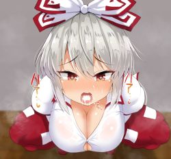 Rule 34 | 1girl, blurry, blurry background, blush, bow, breasts, button gap, cleavage, cum, cum in mouth, facial, from above, fujiwara no mokou, full-face blush, furrowed brow, hair bow, hair ribbon, haruka (haruka channel), highres, indoors, juliet sleeves, large breasts, long hair, long sleeves, looking at viewer, open mouth, pants, puffy sleeves, red pants, ribbon, shirt, silver hair, solo, squatting, tearing up, teeth, tongue, touhou, tress ribbon, tsurime, wall, white bow, white shirt, wooden floor