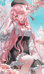 Rule 34 | 1girl, arm between legs, black skirt, blurry, blurry background, bow, bowtie, branch, breasts, buttons, cherry blossoms, flower, frilled shirt, frilled skirt, frills, hair flower, hair ornament, hand up, hat, high-waist skirt, highres, liso, looking at viewer, medium breasts, open mouth, original, petals, pink eyes, pink hair, red bow, red bowtie, shirt, shirt tucked in, skirt, smile, solo, white shirt