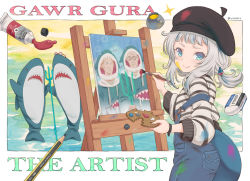 Rule 34 | 1girl, alternate costume, alternate hairstyle, american gothic, beret, black hat, black sweater, blue eyes, blue hair, canvas (object), character name, closed mouth, commentary, cowboy shot, easel, english text, eraser, fine art parody, fins, fish tail, flat chest, gawr gura, hair ornament, hat, hololive, hololive english, ikea shark, looking at viewer, looking back, medium hair, multicolored hair, overalls, paint, paint splatter, paint splatter on face, paint tube, paintbrush, painting (action), palette (object), parody, pencil, polearm, ponytail, shark, shark hair ornament, shark tail, silver hair, smile, solo, strap slip, streaked hair, striped clothes, striped sweater, stuffed animal, stuffed shark, stuffed toy, sweater, tail, trident, twitter username, two-tone hair, two-tone sweater, vinhnyu, virtual youtuber, weapon, white sweater