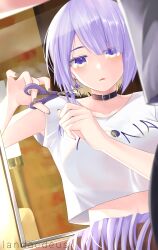 Rule 34 | 1girl, absurdres, artist name, black choker, blonde hair, breasts, choker, collarbone, colored inner hair, commission, cutting hair, earrings, grey nails, highres, holding, holding scissors, hololive, hololive indonesia, jewelry, landacdeus, mirror, moona hoshinova, moona hoshinova (3rd costume), moona hoshinova (casual), multicolored hair, parted lips, purple eyes, purple hair, reflection, scissors, shirt, short hair, two-tone eyes, upper body, virtual youtuber, white shirt, yellow eyes