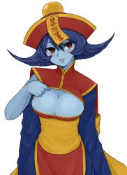 Rule 34 | 1girl, blue skin, blush stickers, breasts, brown eyes, cleavage, cleavage cutout, cleavage reach, clothing cutout, colored skin, flipped hair, jiangshi, large breasts, lei lei, morishige, ofuda, purple hair, short hair, smile, solo, vampire (game)