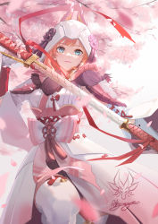 Rule 34 | 1girl, absurdres, armor, artist request, blush, cherry blossoms, detached sleeves, flower, fox mask, highres, holding, holding weapon, hood, japanese clothes, katana, long hair, looking at viewer, mask, mizutsune (armor), monster hunter (series), monster hunter rise, parted lips, simple background, smile, solo, sword, thighhighs, weapon