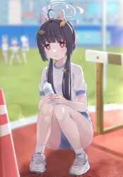 Rule 34 | 4girls, absurdres, aka (440626), animal ear headphones, animal ears, black hair, blue archive, blue shorts, blunt bangs, blurry, blurry background, blush, bottle, breasts, bright pupils, closed mouth, day, depth of field, fake animal ears, grey halo, gym uniform, halo, headphones, highres, holding, holding bottle, leaf, leaf on head, long hair, looking at viewer, miyako (blue archive), miyu (blue archive), moe (blue archive), multiple girls, outdoors, red eyes, saki (blue archive), shirt, shoes, short sleeves, shorts, sitting, small breasts, socks, solo focus, squatting, thighs, track and field, twintails, water bottle, white footwear, white pupils, white shirt, white socks