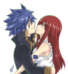 Rule 34 | 1boy, 1girl, blue hair, breasts, collared jacket, erza scarlet, fairy tail, from side, hair between eyes, hetero, jacket, jellal fernandes, large breasts, long hair, mashima hiro, official art, red hair, simple background, white background