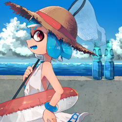 Rule 34 | 1girl, backless dress, backless outfit, bad id, bad pixiv id, bare shoulders, blue hair, blue sky, bottle, butterfly net, cloud, day, dress, fang, from side, hand net, hat, highres, inkling, inkling girl, inkling player character, innertube, looking at viewer, mikeneko mari, nintendo, ocean, open mouth, red eyes, short eyebrows, sideways mouth, sky, sleeveless, sleeveless dress, smile, solo, splatoon (series), splatoon 2, straw hat, swim ring, tentacle hair, water bottle, white dress