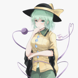 Rule 34 | 1girl, absurdres, arm under breasts, black hat, blush, bow, breasts, commentary request, cowboy shot, frilled shirt collar, frills, green eyes, green hair, green skirt, grey background, hair between eyes, hand on own chin, hand up, hat, hat bow, heart, heart of string, highres, komeiji koishi, long sleeves, looking at viewer, medium breasts, medium hair, shirt, simple background, skirt, solo, standing, third eye, touhou, wide sleeves, yagoro kusuriya, yellow bow, yellow shirt