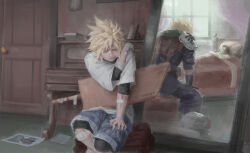 Rule 34 | 1girl, 2boys, absurdres, aged down, armor, bandaged arm, bandages, bandaid, bandaid on arm, bandaid on face, bandaid on knee, bandaid on leg, bed, blonde hair, blue jacket, blue pants, blue shorts, cloud strife, comatose, commentary request, door, dual persona, feet out of frame, final fantasy, final fantasy vii, final fantasy vii rebirth, final fantasy vii remake, green scarf, hand on own shoulder, helmet, highres, indoors, instrument, jacket, long hair, looking down, lying, mirror, multiple boys, on back, on bed, pants, photo (object), piano, scarf, shinra infantry, shinra infantry uniform, shirt, short hair, shorts, shoulder armor, sitting, spiked hair, sword, t-shirt, tifa lockhart, unworn headwear, unworn helmet, weapon, white shirt, window, wooden sword, zoewingsz