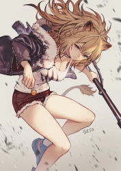 Rule 34 | 1girl, animal ears, arknights, artist name, bare legs, black choker, black footwear, black jacket, blonde hair, breasts, candy, choker, cleavage, closed mouth, commentary, debris, expressionless, food, full body, fur-trimmed jacket, fur trim, grey background, hair between eyes, hammer, highres, holding, holding weapon, jacket, jumping, lion ears, lion tail, lips, lollipop, long hair, looking at viewer, medium breasts, open clothes, open jacket, ponytail, red shorts, rubble, shoes, short shorts, shorts, siege (arknights), signature, simple background, sledgehammer, solo, studded choker, tail, tank top, thighs, umiu geso, weapon, white tank top, yellow eyes