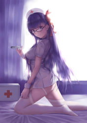 Rule 34 | 10s, 1girl, absurdres, arm at side, bb (bb shot!) (fate), bb (fate), bed, bed sheet, black-framed eyewear, blunt bangs, blush, breasts, buttons, closed mouth, cross, curtains, dress, fate/extra, fate/extra ccc, fate (series), from side, full body, garter straps, glasses, hair ribbon, hand up, has bad revision, has downscaled revision, hat, highres, indoors, jewelry, kneeling, large breasts, long hair, looking at viewer, makeup, mascara, md5 mismatch, microdress, nurse, nurse cap, on bed, pink lips, pocket, purple eyes, purple hair, red cross, red ribbon, resolution mismatch, ribbon, ring, smile, solo, source smaller, suwako (pixiv9554498), syringe, thighhighs, very long hair, white dress, white hat, white thighhighs, window